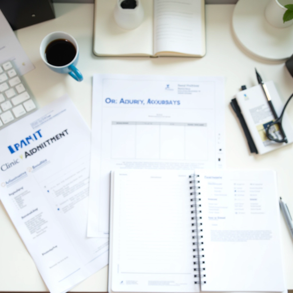 ClinicFlow Editorial Team workspace with research materials, notebooks, and scheduling resources displayed on a flat surface