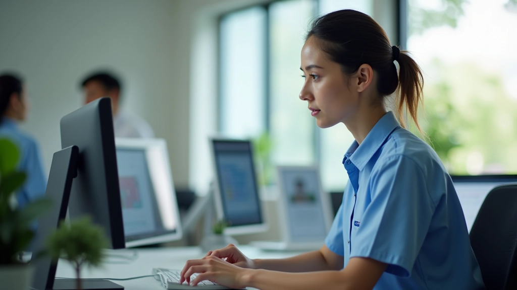 Receptionist using computer with patient scheduling software displayed on monitor