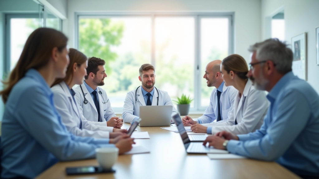 Team meeting in medical office discussing clinic operations and appointment management strategy