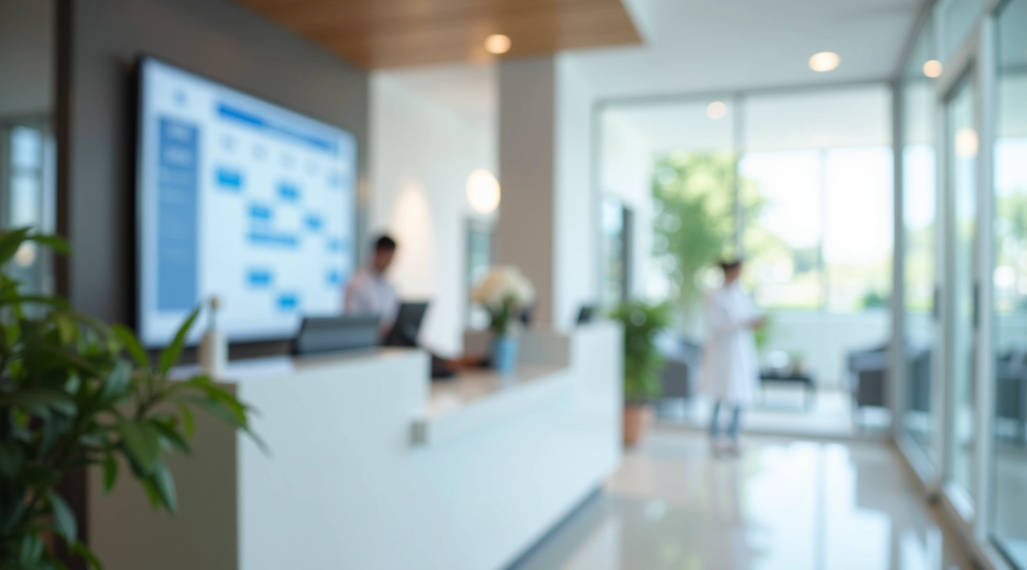 Modern healthcare clinic reception area with digital appointment display and scheduling interface