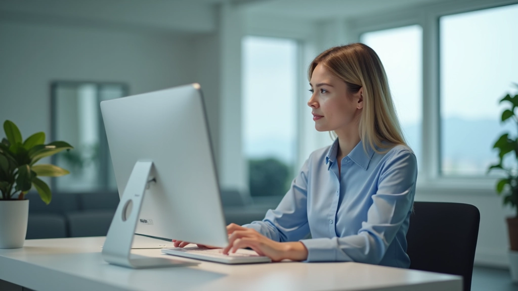 Healthcare receptionist at desk with computer and training materials, professional clinic environment